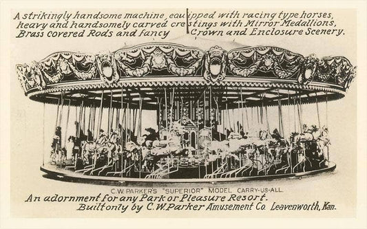 Vintage postcard with black carousel advertisement engraving and decorative border