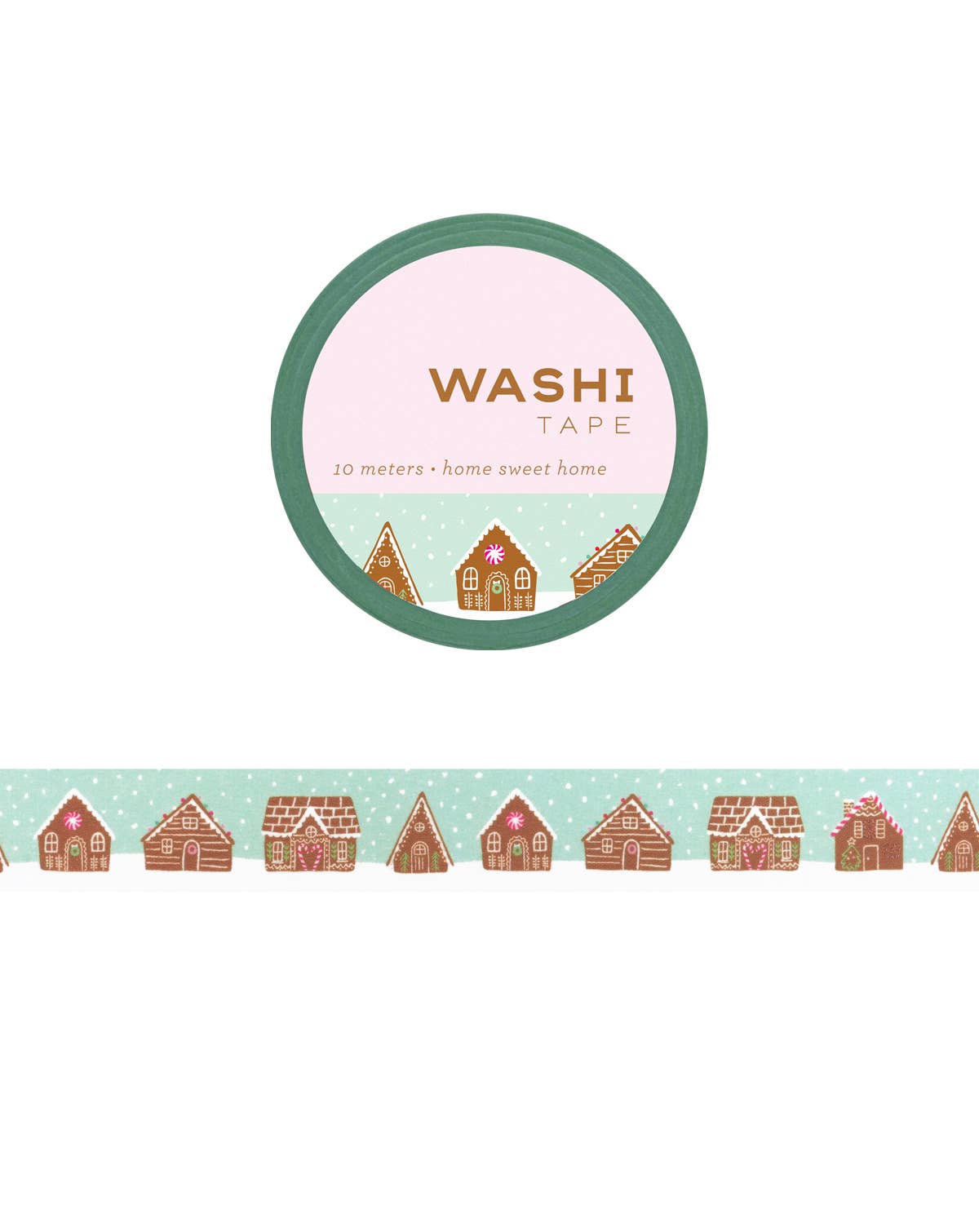 Washi tape roll with house village pattern in pink and green