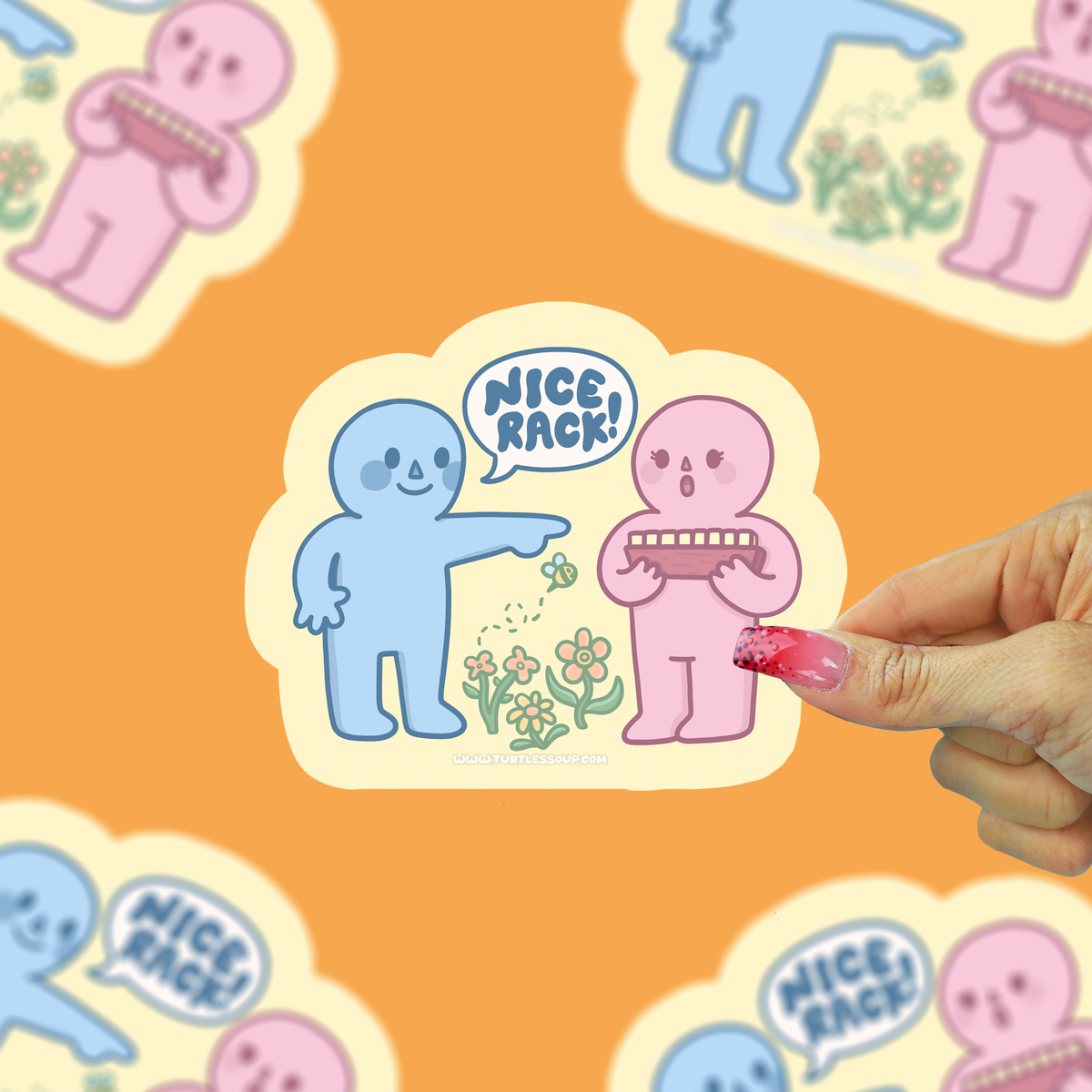 Vinyl sticker with two cartoon characters and “Nice Rack” text, held by a hand