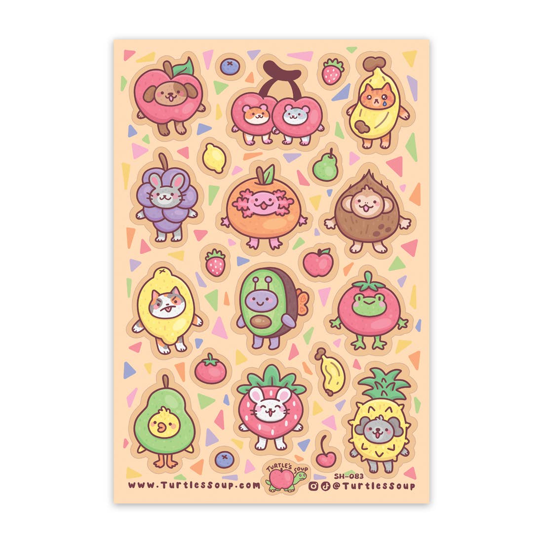 Glitter sticker sheet with cute fruit-animal characters in a pastel layout