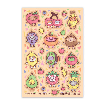 Glitter sticker sheet with cute fruit-animal characters in a pastel layout