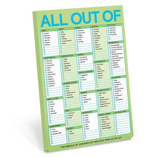 All Out Of Pad® with Magnet checklist pad, pastel green cover with blue category grid