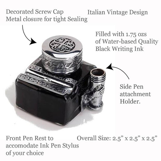 Decorative inkwell with screw cap and engraved base, pen rest on top and side pen holder