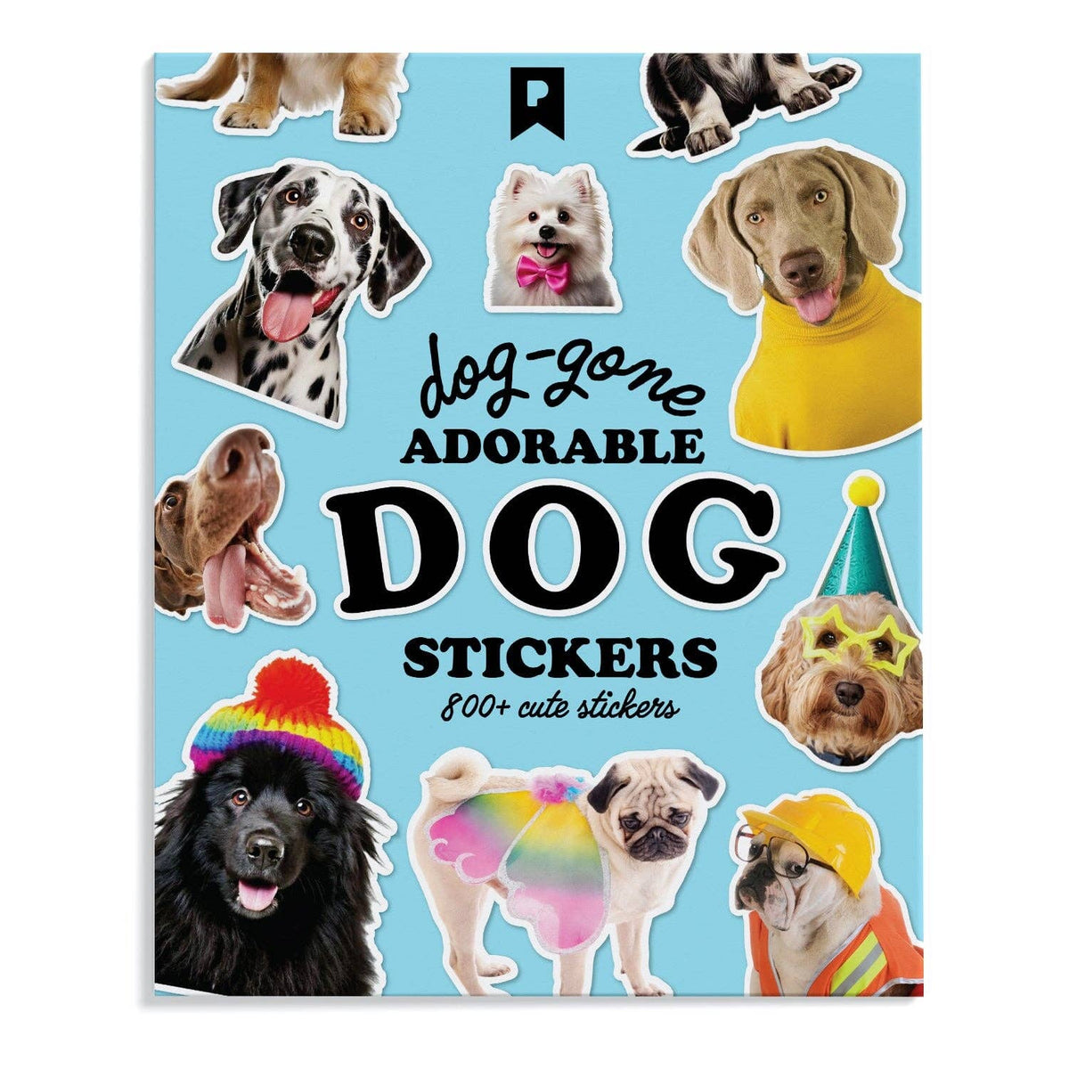 Blue dog sticker book cover with assorted dog face illustrations