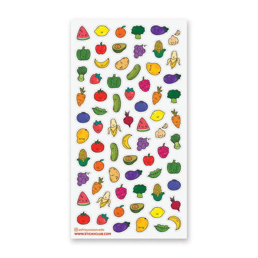 Produce-themed sticker sheet with fruit and vegetable character stickers