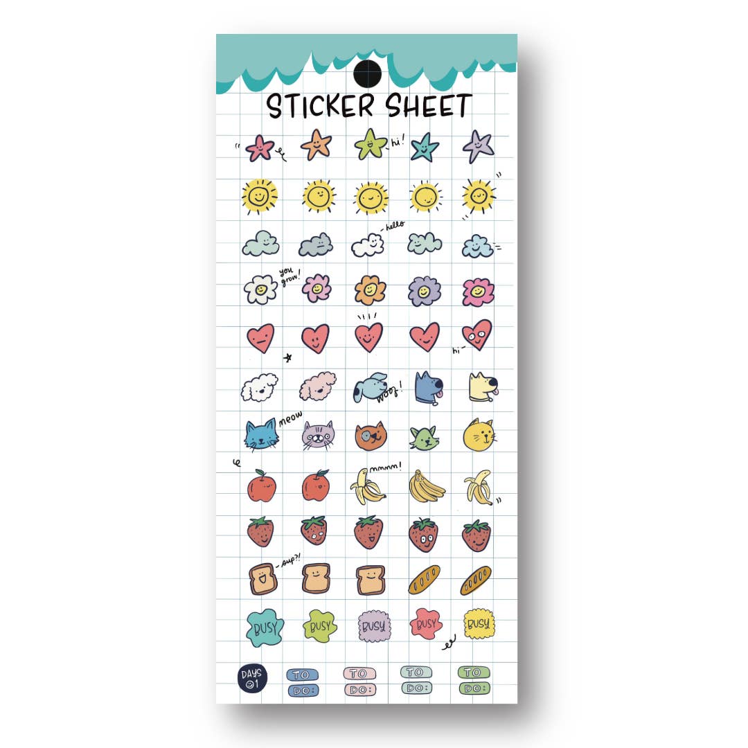 Clear planner sticker sheet with colorful cute icons, stars, hearts, and sun decals