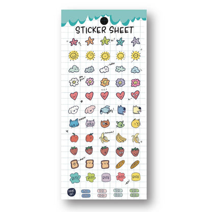 Clear planner sticker sheet with colorful cute icons, stars, hearts, and sun decals