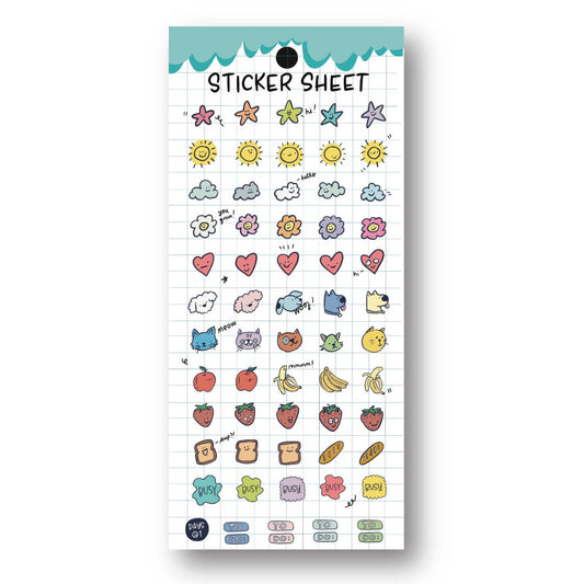 Clear planner sticker sheet with colorful cute icons, stars, hearts, and sun decals