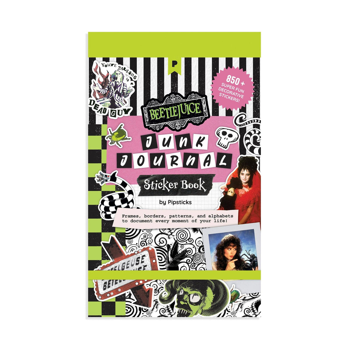 Beetlejuice Junk Journal sticker book with green-and-black striped cover and character graphics
