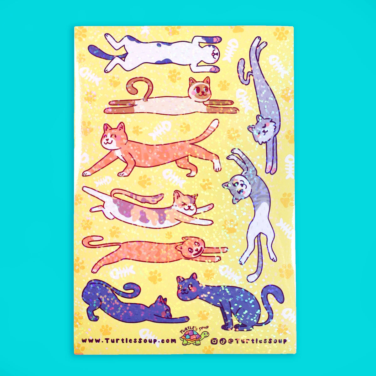 Cat glitter sticker sheet featuring long cats in purple, orange, pink, and cream