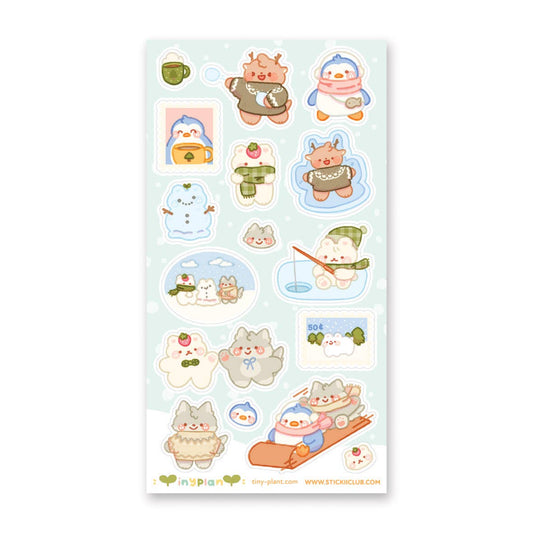 Winter animal sticker sheet with snow-themed cartoon illustrations