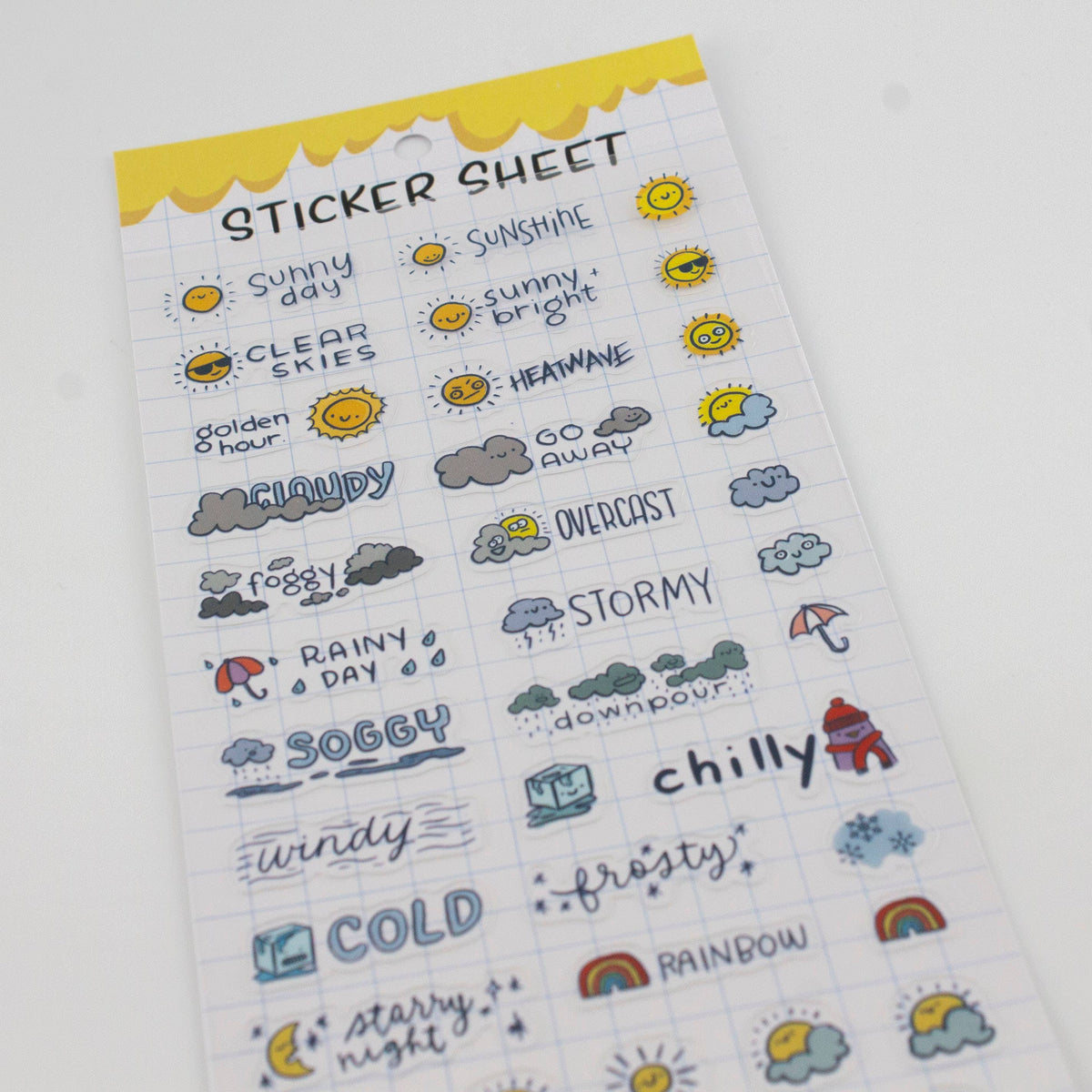 Weather sticker sheet in clear style, featuring sunshine, heatwave, overcast, and stormy