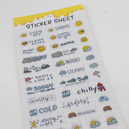 Weather sticker sheet in clear style, featuring sunshine, heatwave, overcast, and stormy