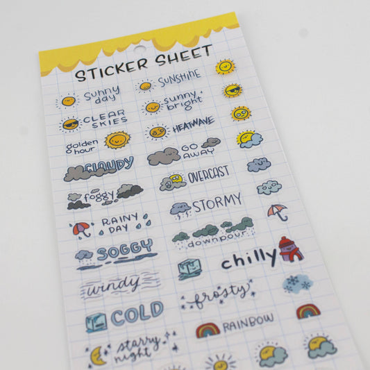 Weather sticker sheet in clear style, featuring sunshine, heatwave, overcast, and stormy