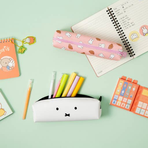 White Miffy pencil pouch with black zipper and face detail, front view