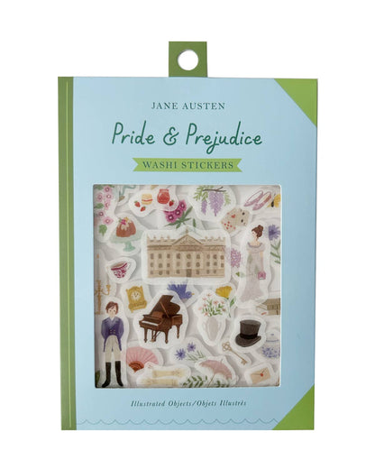 Library-themed washi sticker pack with illustrated books, house, bird, and flowers
