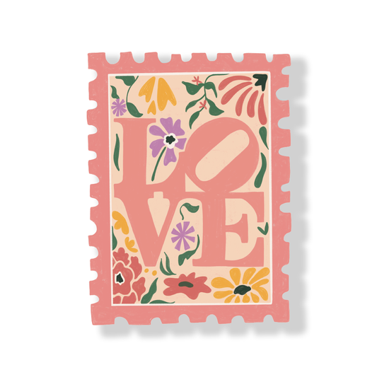 Square vinyl sticker with floral "LOVE" lettering and scalloped stamp border