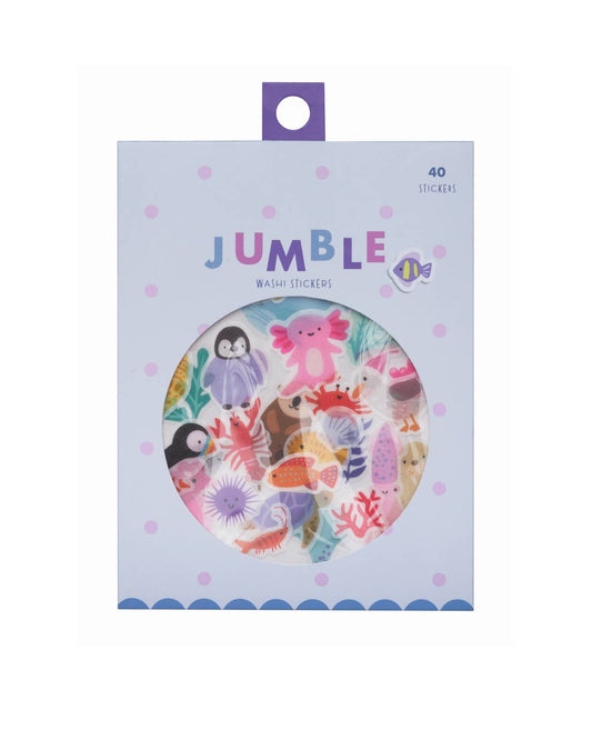 Ocean-themed washi sticker pack with a round window of mixed sea animal designs