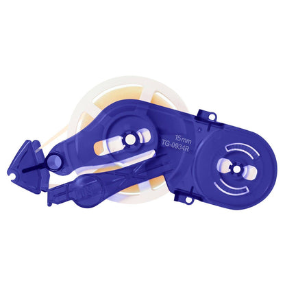 Blue glue tape dispenser with clear cover, 15mm marking, TG-0934R label
