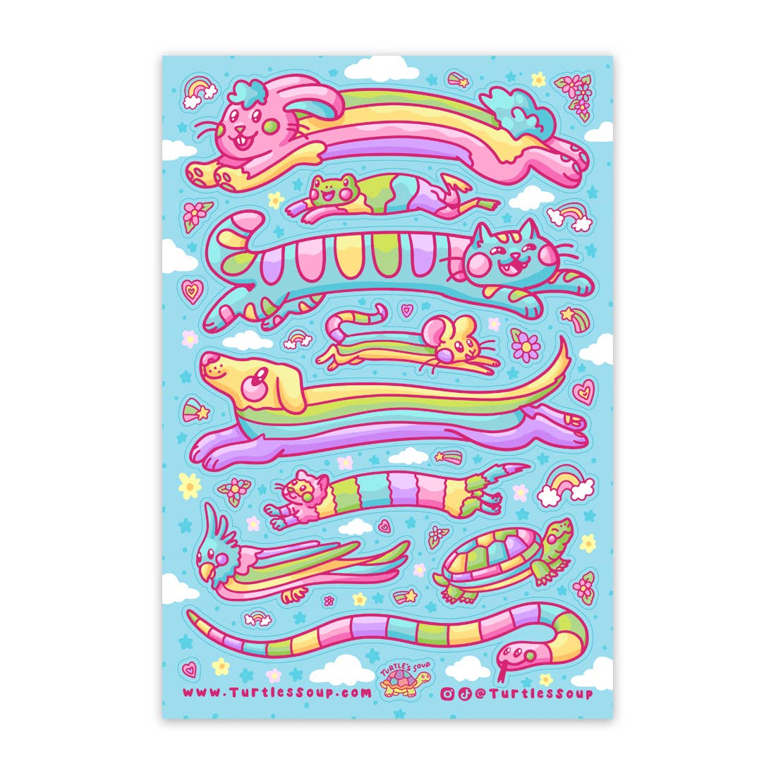 Rainbow animal sticker sheet with colorful glitter-effect outlines on a blue sheet