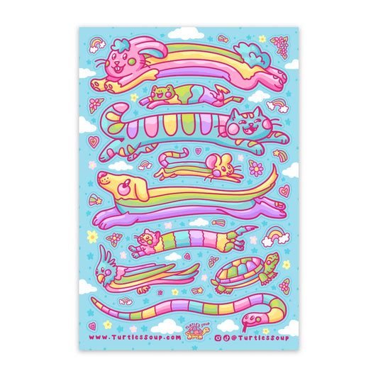 Rainbow animal sticker sheet with colorful glitter-effect outlines on a blue sheet