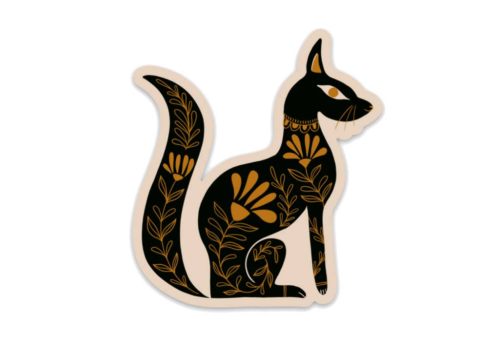 Black cat vinyl sticker with gold folk-art floral patterns and a cream border