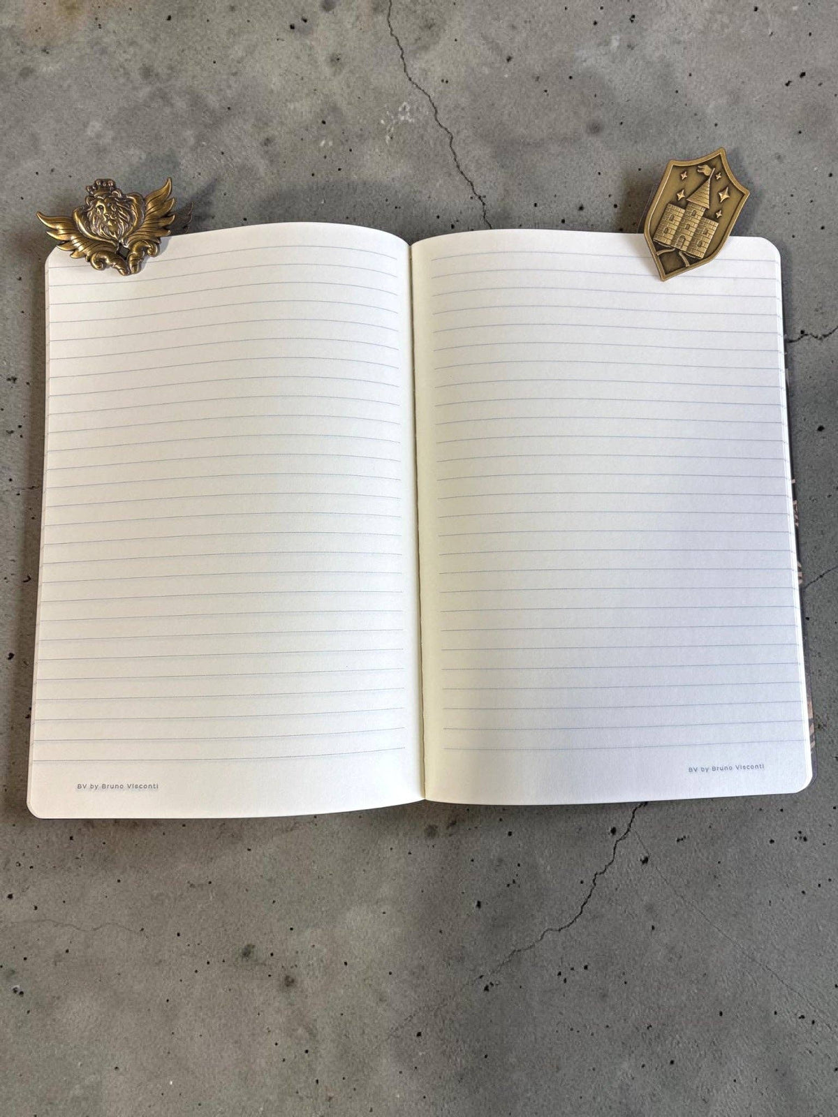 Set of 2 decorative metal page clips on an open notebook, gold-toned designs