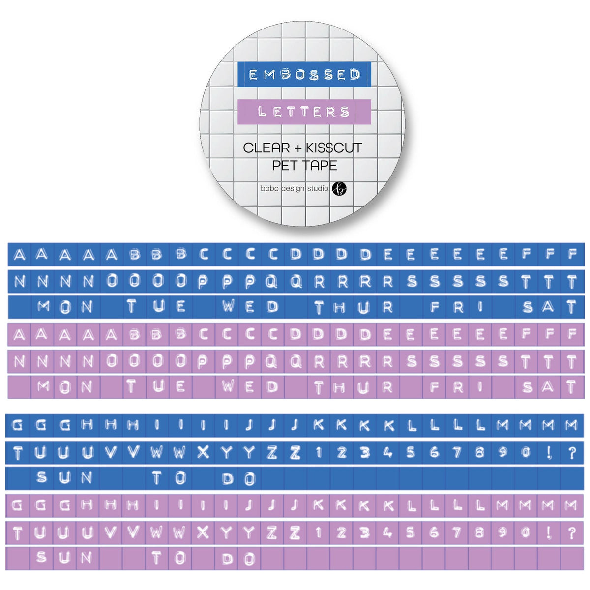 Embossed letters kiss-cut PET tape roll on clear backing with blue and lavender letters