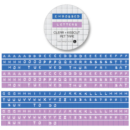Embossed letters kiss-cut PET tape roll on clear backing with blue and lavender letters