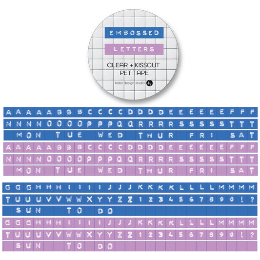 Embossed letters kiss-cut PET tape roll on clear backing with blue and lavender letters