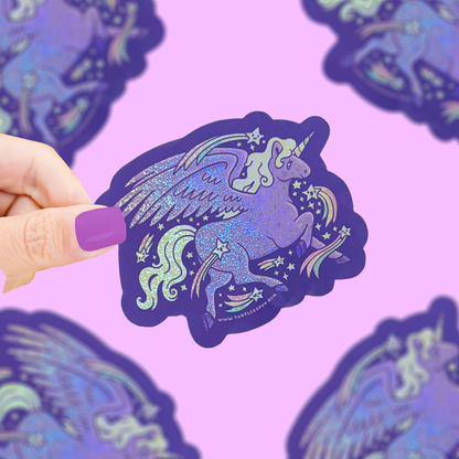 Glittery dark blue unicorn sticker with stars, sparkly mane and horn