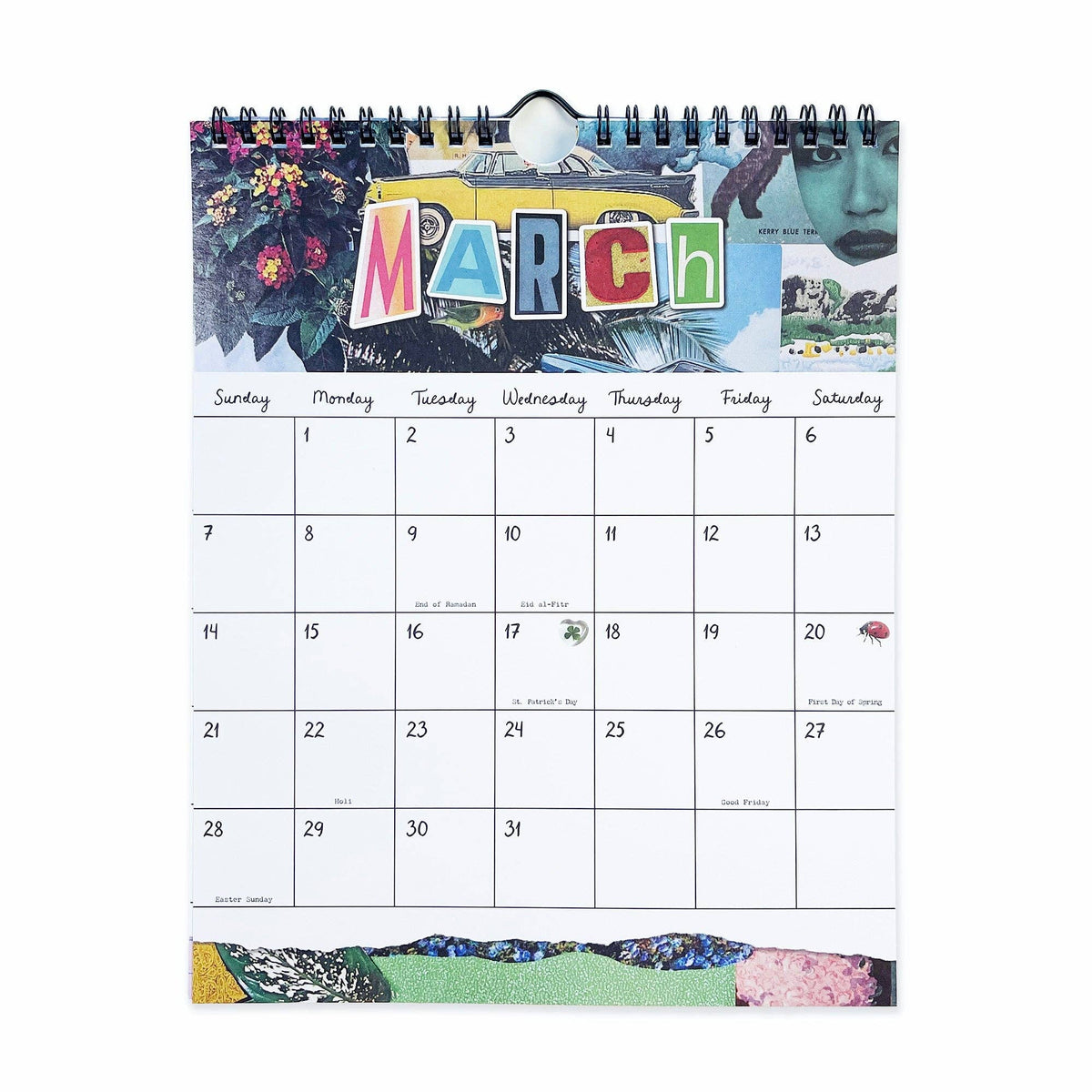 March wall calendar page with spiral binding and colorful “MARCH” header above the date grid.