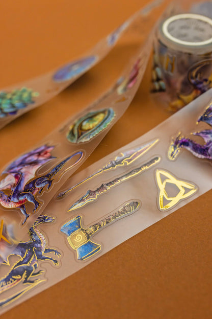 Holographic dragon-themed transparent tape strip with symbols and claws