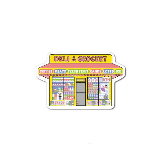 Shopfront bodega vinyl sticker with DELI & GROCERY sign and colorful window panel
