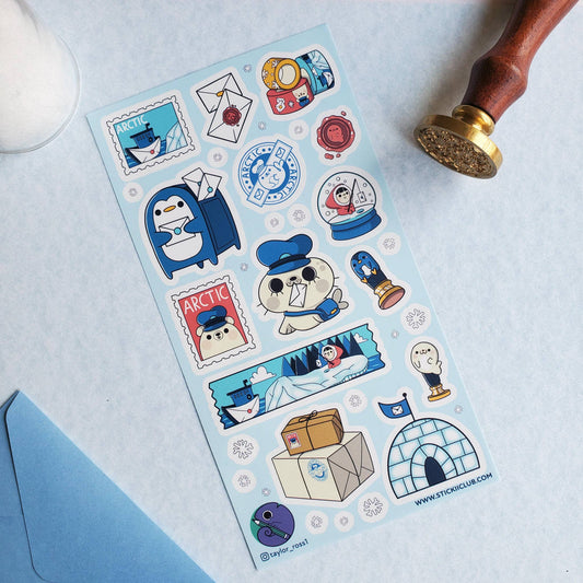 Penguin Post sticker sheet on paper with penguin characters, stamps, and mail icons