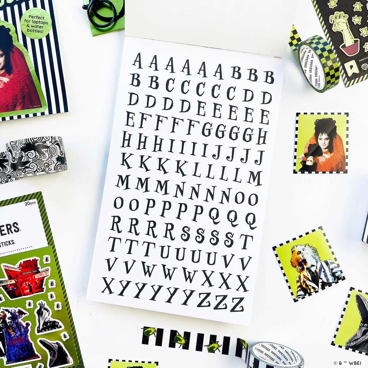 Black alphabet letter stickers on white backing, uppercase and lowercase rows