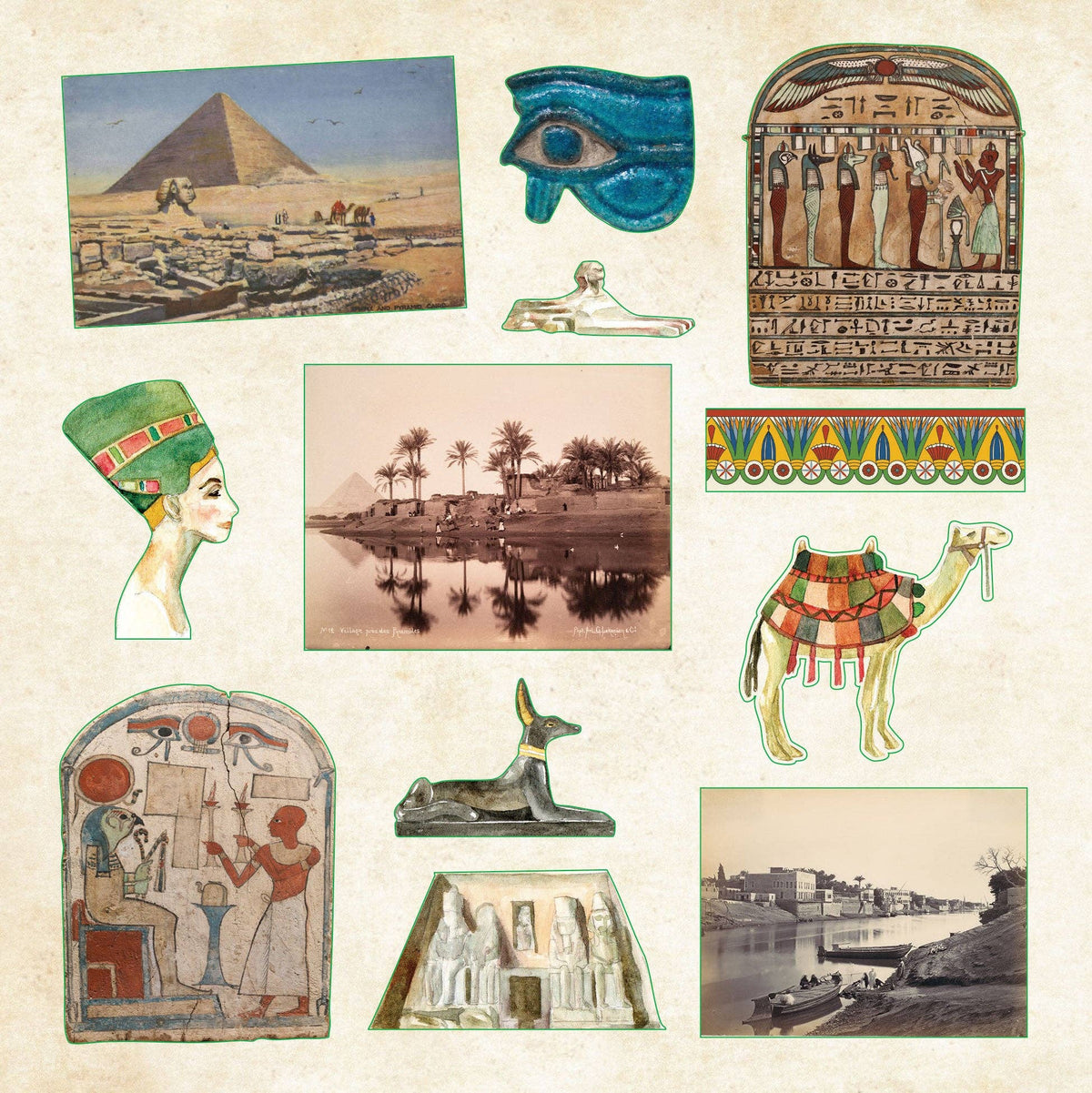 Sticker sheet with Egyptian pyramids, ancient art, camel and river scenes
