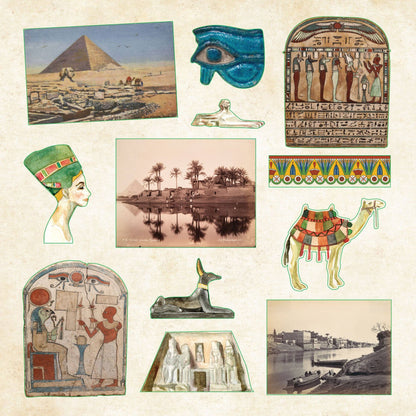 Sticker sheet with Egyptian pyramids, ancient art, camel and river scenes