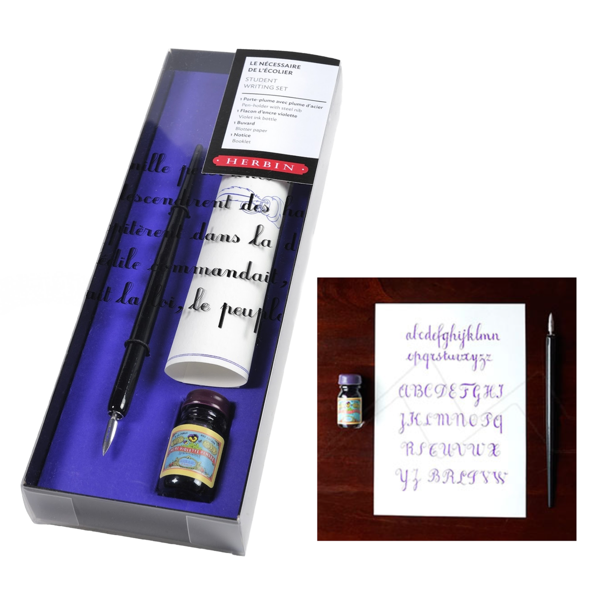 Venetian writing set in box with fountain pen and ink bottle