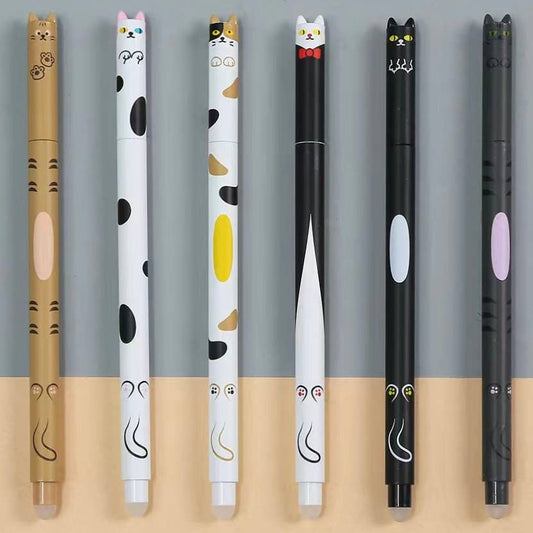 Set of cat-themed gel pens in tan, white, and black bodies with cute character caps