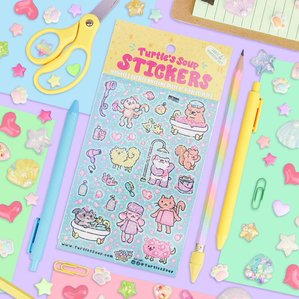 Glitter sticker sheet featuring bath-time animals, tubs, hearts, and bubbles