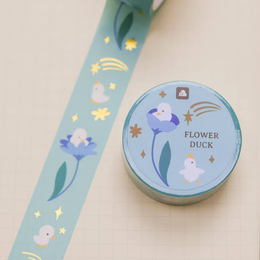 Blue washi tape roll with Flower Duck floral and duck icons, foil accents