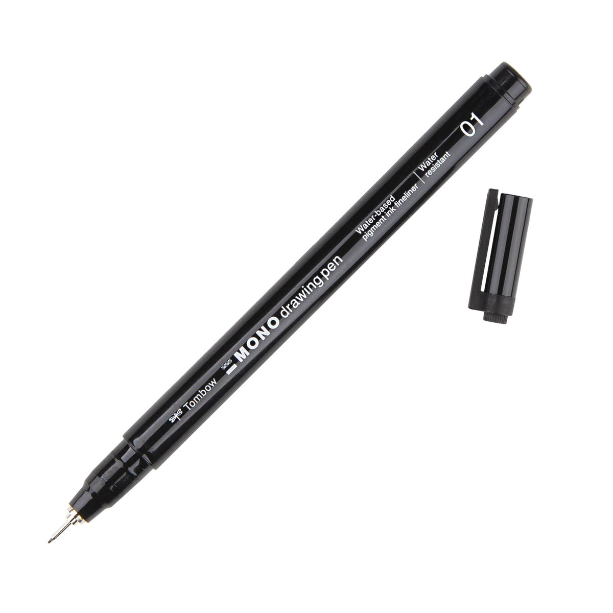 Black MONO drawing pen with cap off, visible fine metal tip and “01” on barrel