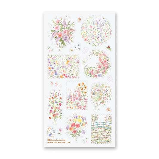 Pastel floral sticker sheet with nine die-cut flower and bouquet designs