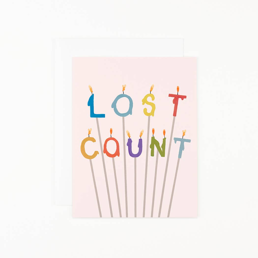 Lost Count greeting card with colorful candle letter design