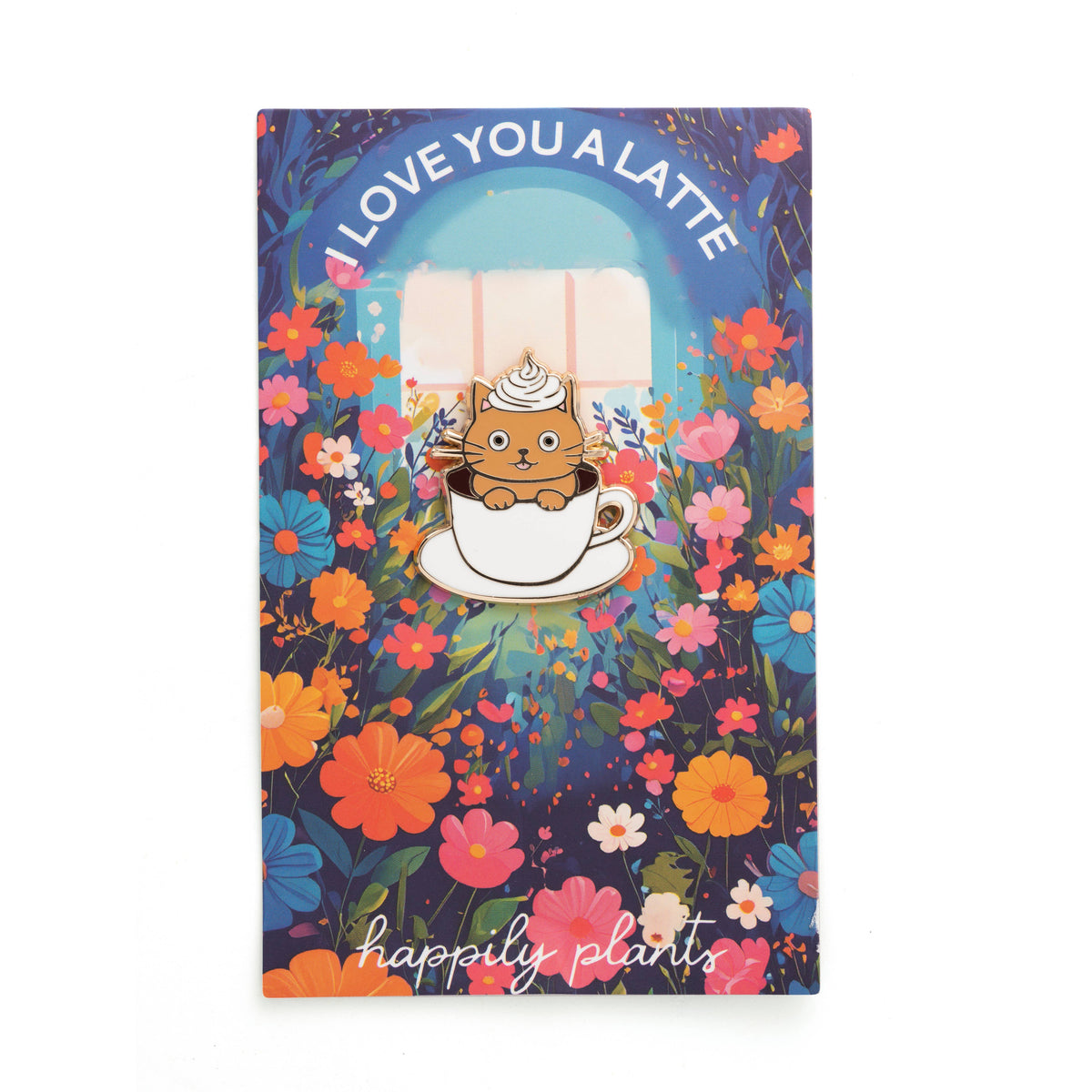 Gift card with cat in latte cup and colorful floral background