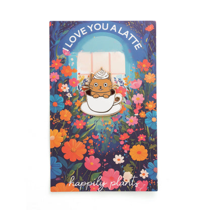 Gift card with cat in latte cup and colorful floral background