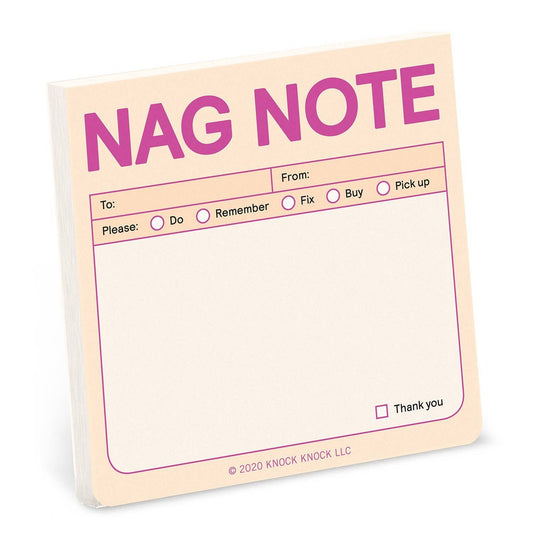 Pastel sticky note pad labeled 'NAG NOTE' with blank writing area and icons