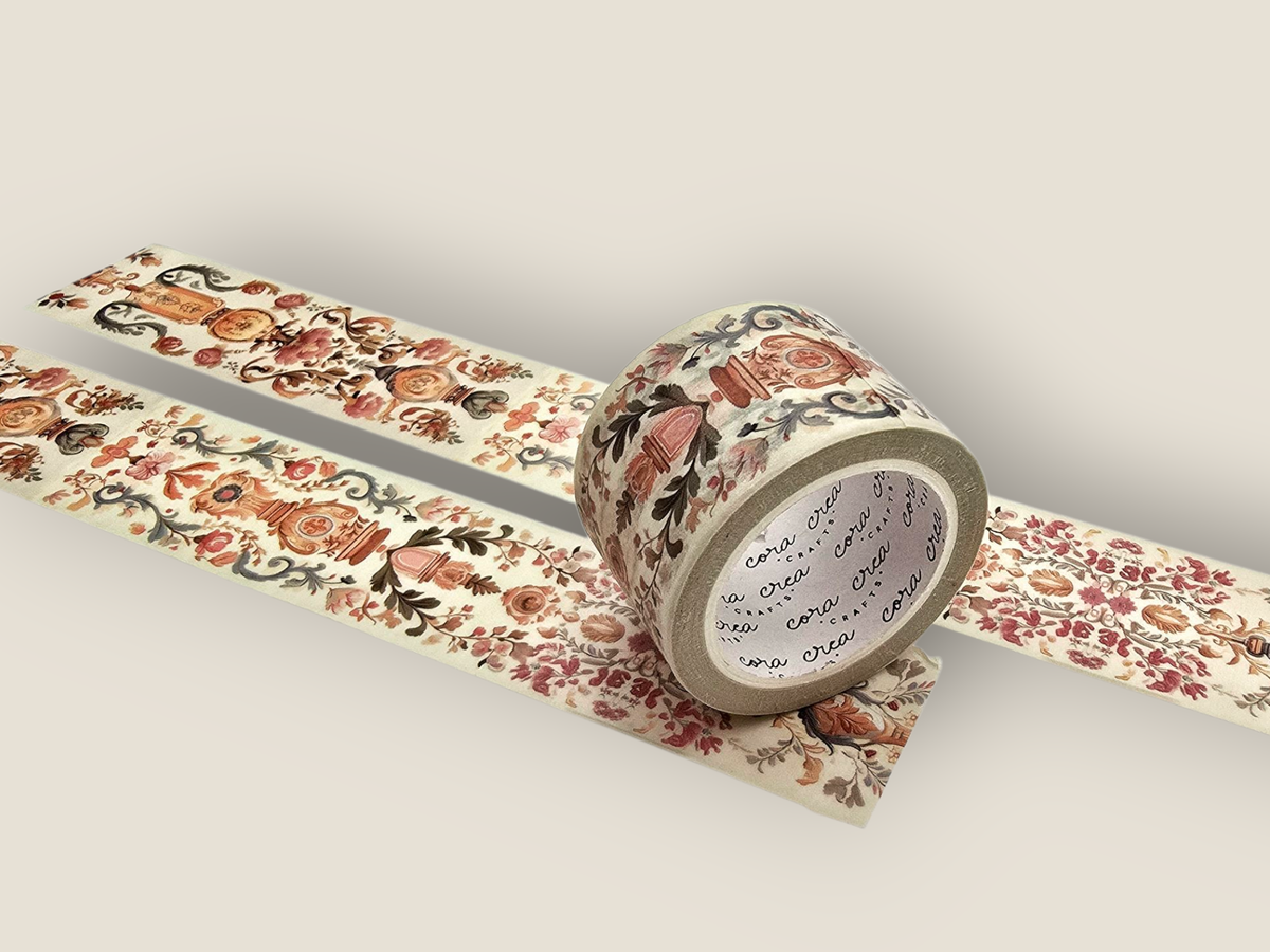Tapestry washi tape strip with vintage floral and animal motif, rolled-up center