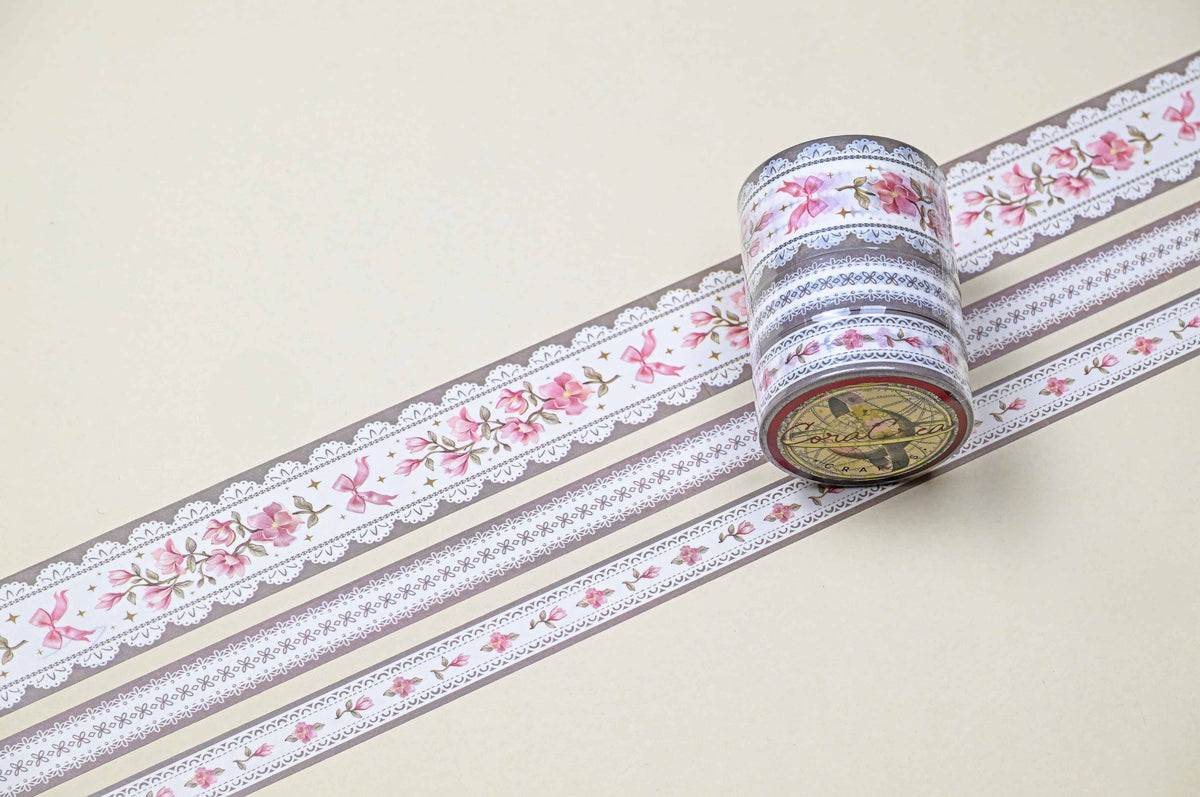 Washi tape set with lilac floral and lace border designs, multiple rolls